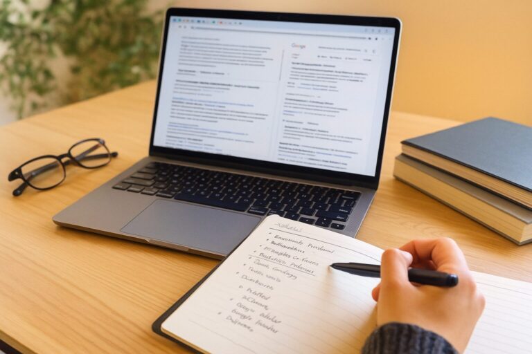 Aufgeräumter Schreibtisch mit Laptop, Notizbuch, Brille und Büchern – Symbol für wissenschaftliche Literaturrecherche und strukturiertes Arbeiten.