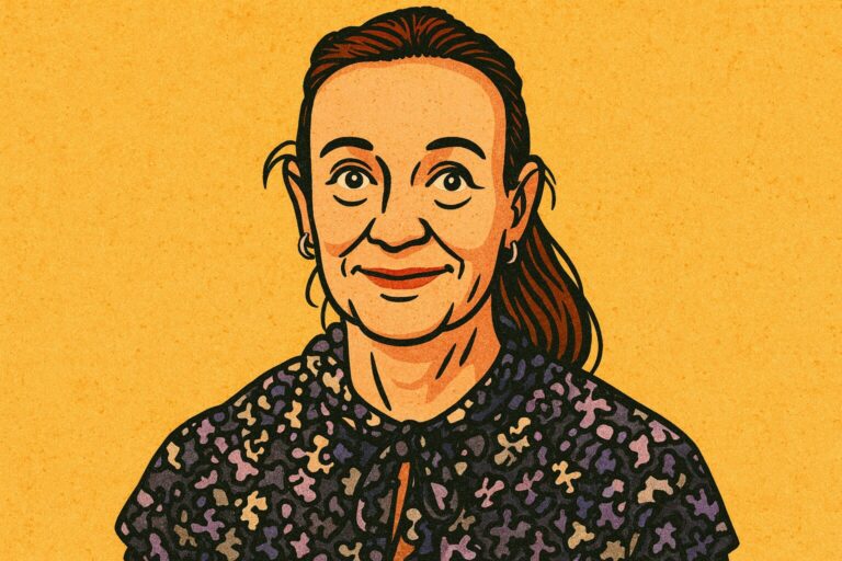 Comic-Portrait einer Frau im Stil einer Tanzkritikerin, inspiriert von Wiebke Hüster, mit floralem Oberteil vor warmem Hintergrund