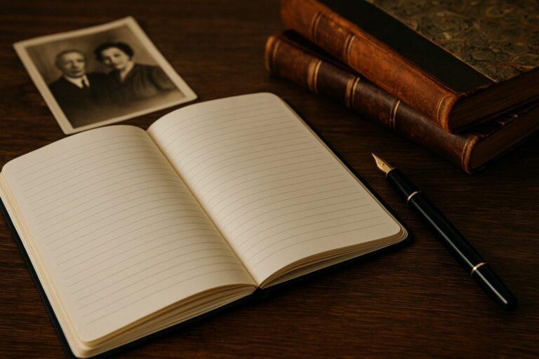 Offenes Notizbuch mit Füllfederhalter auf Holztisch neben alten Büchern – Symbol für das Schreiben einer Biografie.