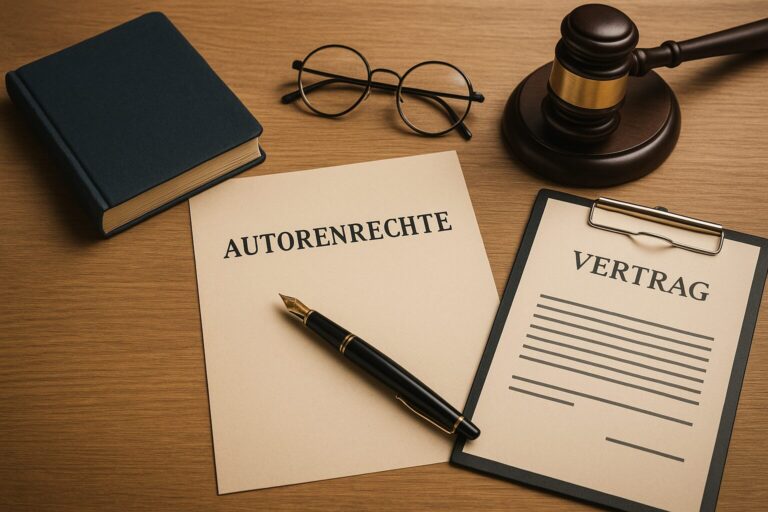 Schreibtisch mit Manuskriptseiten, Füllfederhalter, Buch und Brille, symbolisch für Autorenrechte und Verlagsvertrag, ohne Text.