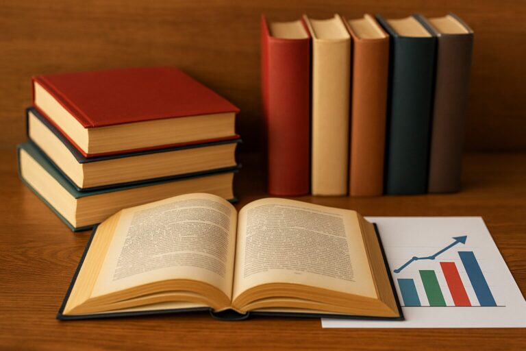 Bestselleranalyse: Was erfolgreiche Bücher gemeinsam haben in offenes Buch liegt auf einem Holztisch, daneben gestapelte Hardcover-Bücher und eine Grafik mit steigenden Balken – Symbol für Bestselleranalyse, Bucherfolg und Erfolgsfaktoren im Literaturmarkt.