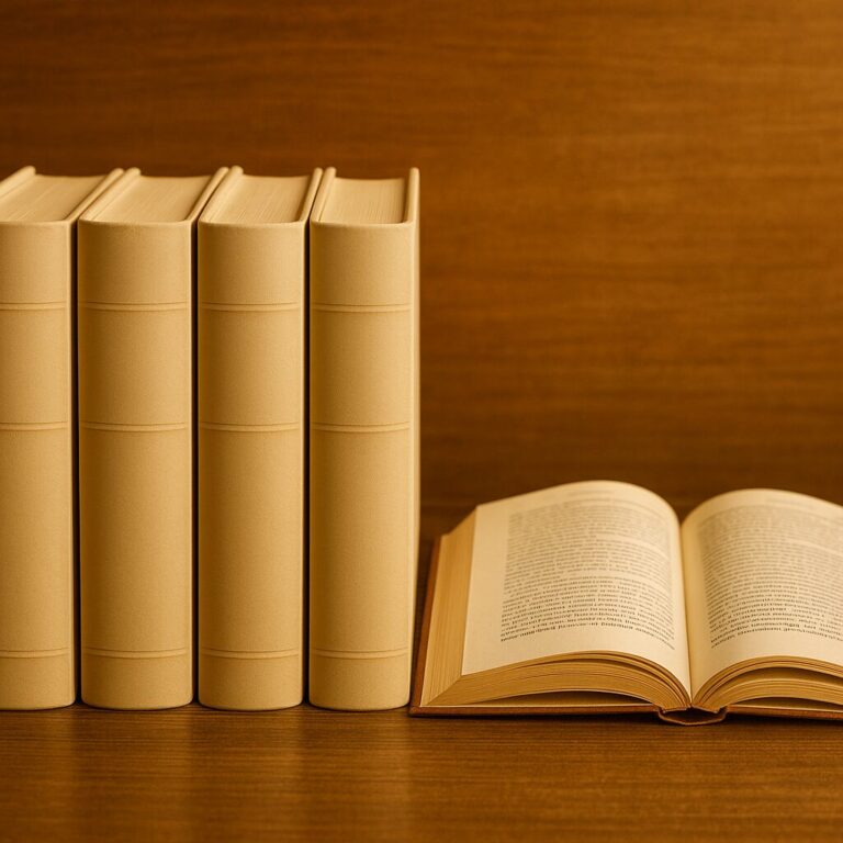 Serien-Buchreihen schreiben – Struktur, Planung, Leserbindung Mehrere identische gebundene Bücher nebeneinander auf einem Holztisch, daneben ein geöffnetes Buch in warmem Licht. Symbol für Buchserien und fortlaufende Geschichten.