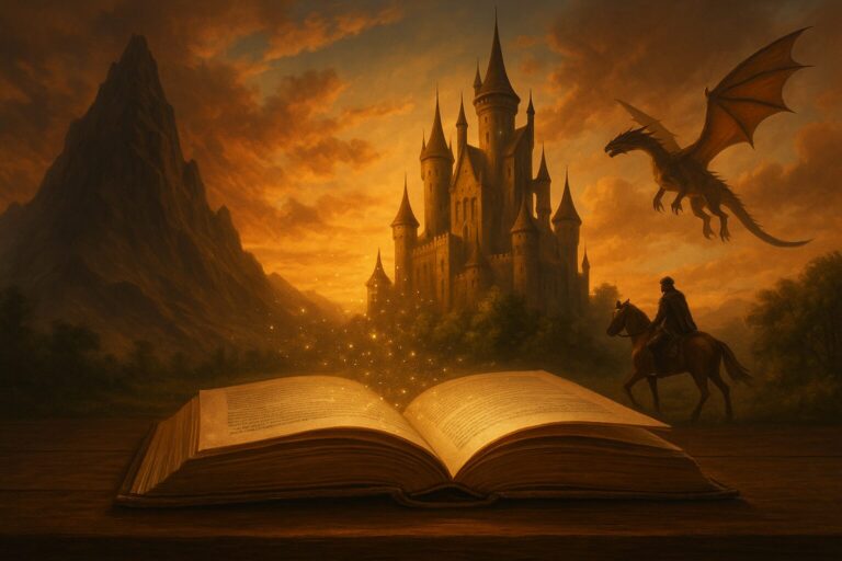 Magische Fantasy-Szene mit offenem Buch, Schloss, Drachen und Reiter bei Sonnenuntergang