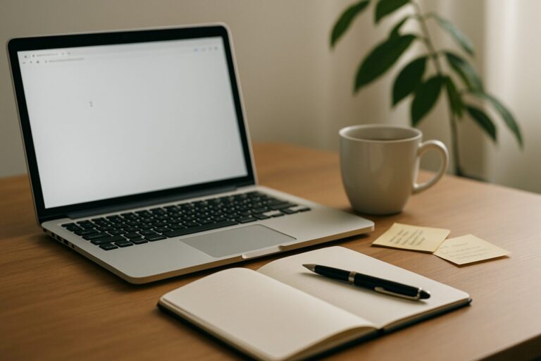 Schreibtisch mit Laptop und Notizbuch – kreativer Schreibprozess