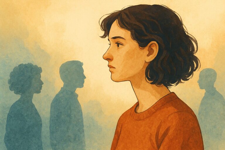 Charakterentwicklung: So erschaffen Sie glaubwürdige Figuren Nachdenkliche junge Frau im Profil vor einem hellen, warmen Hintergrund, mit silhouettenhaften Figuren im Hintergrund. Symbolisiert Charakterentwicklung und innere Reflexion.