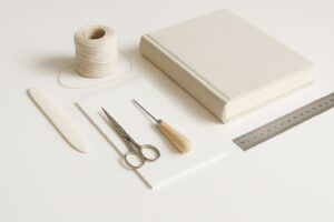 Helles Buchbinderset mit handgebundenem Buch, Faden, Falzbein, Ahle und Schere auf weißem Untergrund.