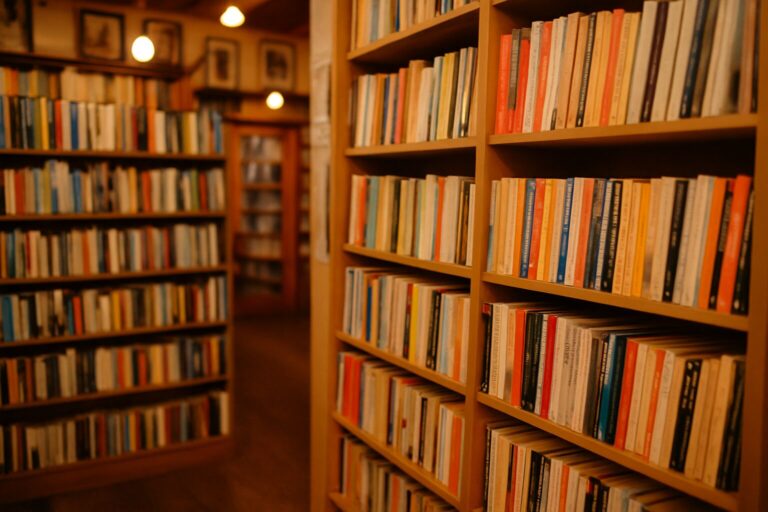 Was ist ein Taschenbuch – Bedeutung, Merkmale und Rolle im heutigen Buchmarkt Innenraum einer gemütlichen Buchhandlung mit Regalen voller Taschenbücher in warmem Licht.