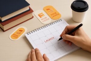 Person markiert ein Startdatum im Kalender, daneben liegen Bücher und Arbeitsmaterialien auf einem hellen Schreibtisch – symbolisch für die Planung eines Buch-Launches.