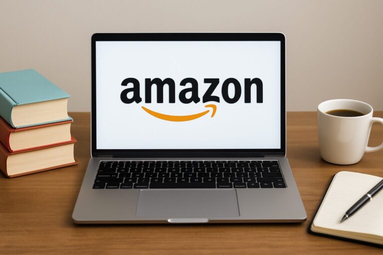 Amazon Ads für Autoren: Die wichtigsten Grundlagen verständlich erklärt Schreibtisch mit Laptop, Büchern und Schreibutensilien – kreativer Arbeitsplatz für Autoren und Buchmarketing.