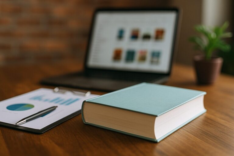 Bücher erfolgreich vorbestellbar machen: Pre-Launch Strategien für maximalen Verkaufserfolg Ein auf einem Holztisch liegendes Hardcover-Buch neben einem Klemmbrett mit Diagrammen; im Hintergrund ein geöffnetes Laptop und eine kleine Pflanze, unscharf dargestellt.