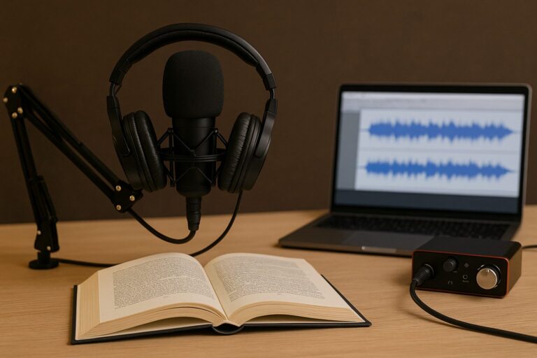 Offenes Buch auf einem Holztisch neben einem Studiomikrofon und Kopfhörern in warm beleuchtetem Aufnahmebereich.