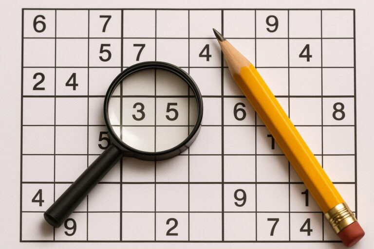 Nahaufnahme eines Sudoku-Rätsels mit Bleistift und Lupe