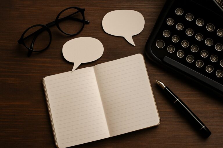 Schreibmaschine, Brille, leeres Notizbuch und zwei Sprechblasen auf hellem Holztisch – Symbol für Dialoge und kreatives Schreiben.