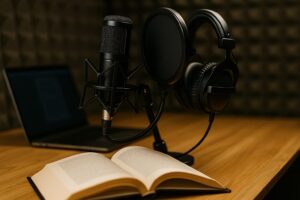 Studiomikrofon mit Kopfhörern neben einem offenen Buch auf einem Holztisch in einem akustisch gedämpften Raum.