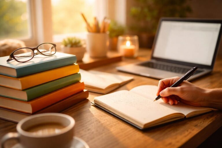 Nischenbücher: Warum kleine Zielgruppen oft erfolgreicher sind Hand schreibt in ein offenes Notizbuch auf einem Holztisch, daneben liegen mehrere Bücher, ein Laptop und eine Kaffeetasse im warmen Tageslicht.