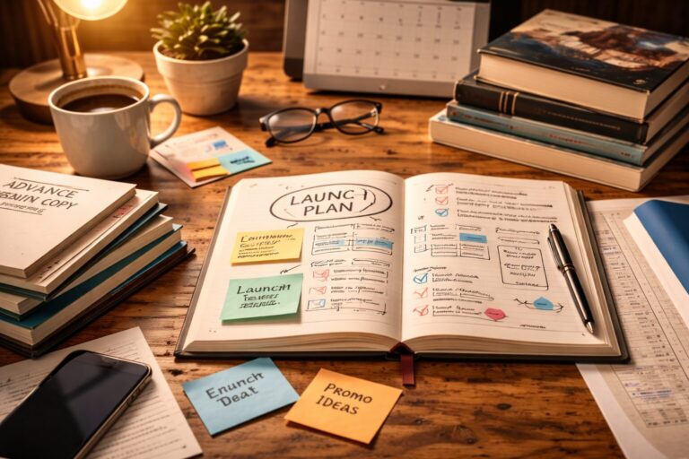 Schreibarbeitsplatz mit offenem Notizbuch, Haftnotizen, Büchern, Laptop und Kaffeetasse auf einem Holztisch.