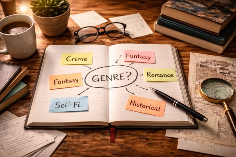 Offenes Notizbuch auf einem Schreibtisch mit farbigen Haftnotizen, die verschiedene Buchgenres symbolisieren, umgeben von Büchern und Schreibutensilien.