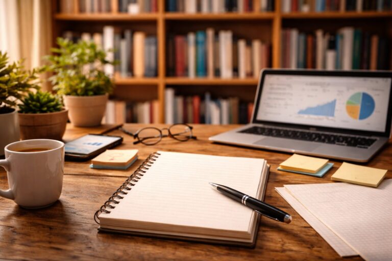 Schreibarbeitsplatz mit offenem Notizbuch, Stift und Laptop auf einem Holztisch, im Hintergrund ein unscharfes Bücherregal.