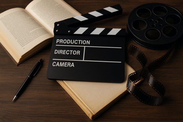 Filmklappe, offenes Buch und Filmrolle als Symbol für den Weg vom Buch zur Filmverfilmung