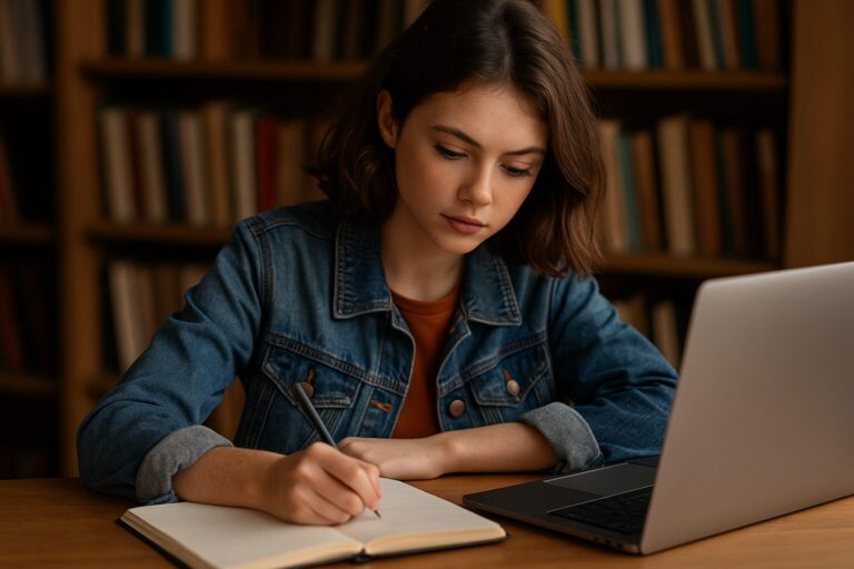 Schreiben für Jugendliche: Besonderheiten der Young-Adult-Literatur Junge Frau schreibt in einem Notizbuch neben einem Laptop in einer Bibliothek