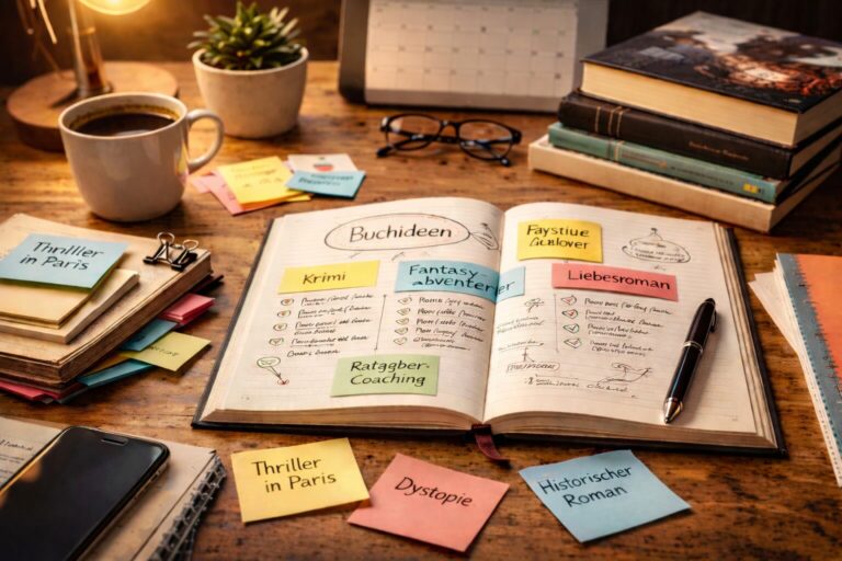 Schreibarbeitsplatz mit offenem Notizbuch, Stift, Laptop und mehreren Zetteln mit handschriftlichen Notizen auf einem Holztisch.