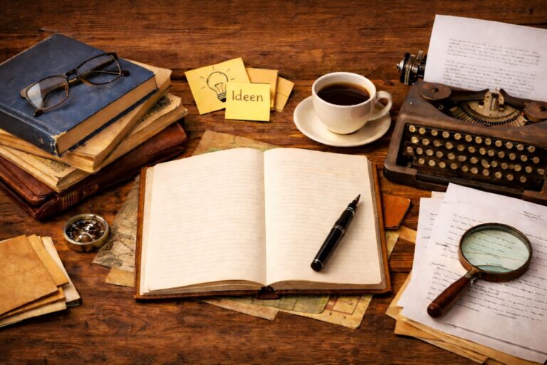 Sachbuch schreiben – Von der Idee zum fertigen Manuskript Sachbuch schreiben, Schreibarbeitsplatz mit offenem Notizbuch, Füller, Büchern und Schreibmaschine als Symbol für das Schreiben eines Sachbuchs