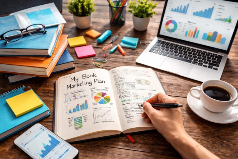 Arbeitsplatz mit Notizbuch, Laptop und Analysegrafiken zur Planung von Buchmarketing für Autoren